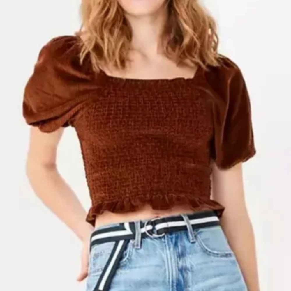 American Eagle Outfitters Corduroy Smocked Crop Top Women's XS Brown Babydoll